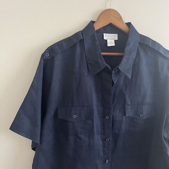 Jordan Woman vintage size 2X Navy 100% Linen Button up top Beach Minimalist - Picture 8 of 9